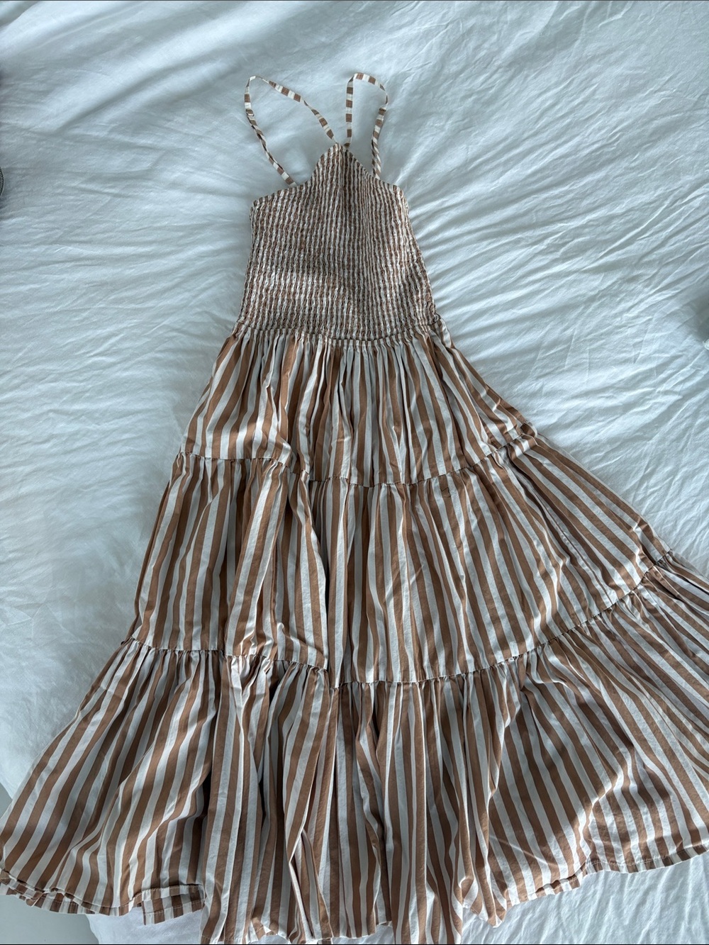 Lusana Striped Brown and White Maxi Dress with Smocked Bodice size small.